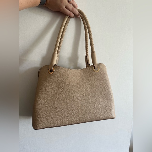 Nanette Lepore Tan Sybil Braided Handle Shoulder Bag Multiple Pockets EUC - Picture 3 of 12